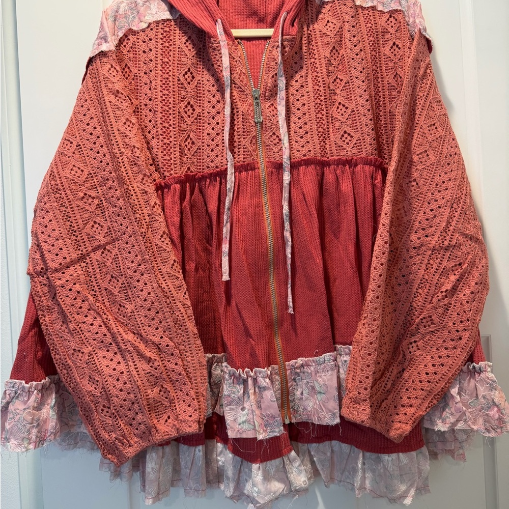 New POL raspberry rose/pink baby doll top zip hoodie size large
